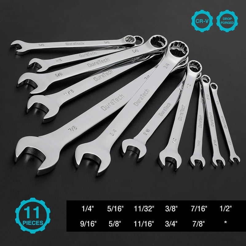 DURATECH Combination Wrench Set, SAE, 11-Piece, 1/4'' to 7/8'', 12-Point, CR-V Steel, Organized in Wrench Holder - Image 2